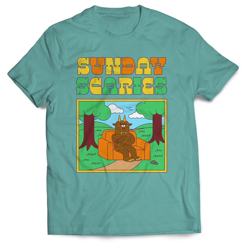 Sunday Scaries Couch Monster T-Shirt with jade color and grumpy monster graphic