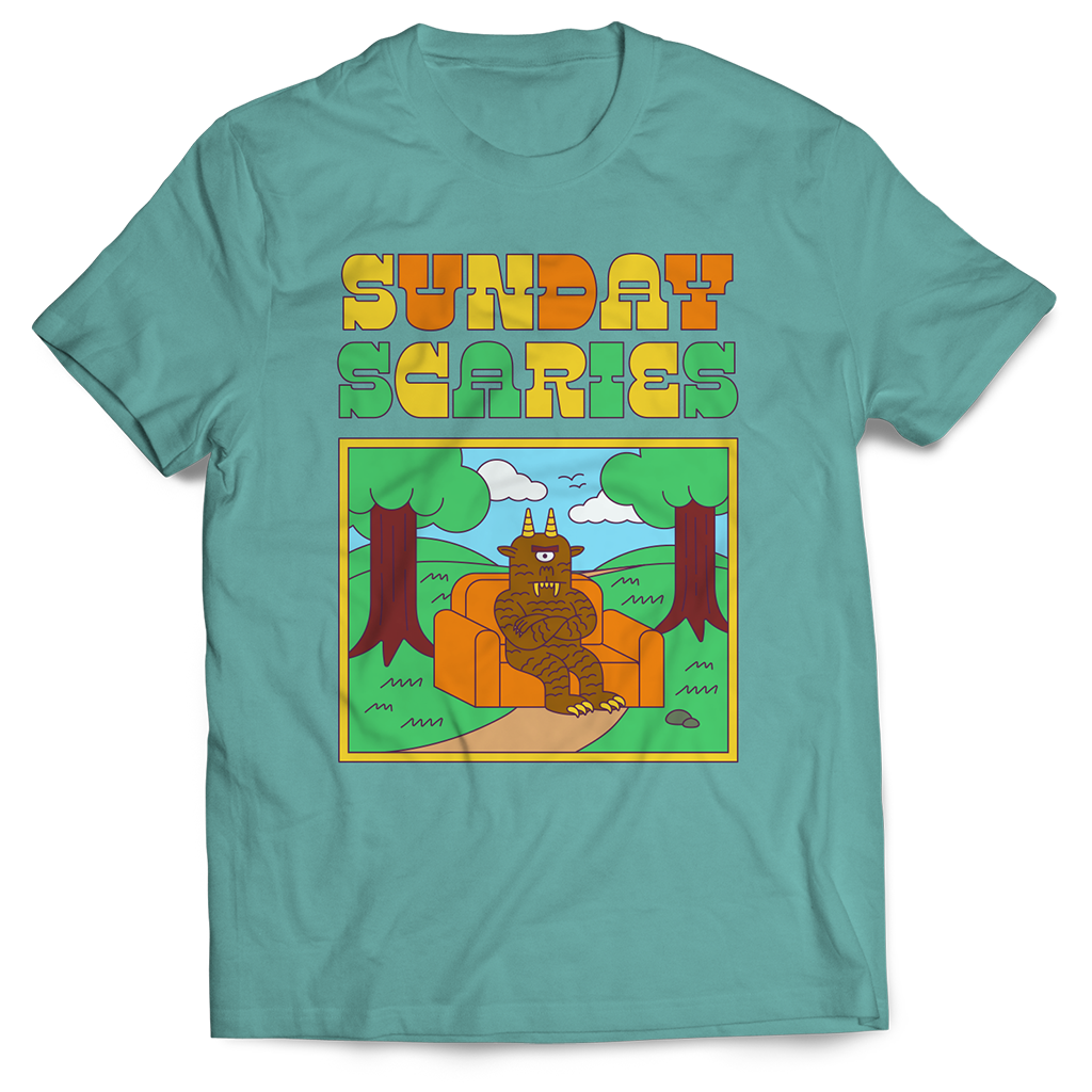 Sunday Scaries Couch Monster T-Shirt with jade color and grumpy monster graphic