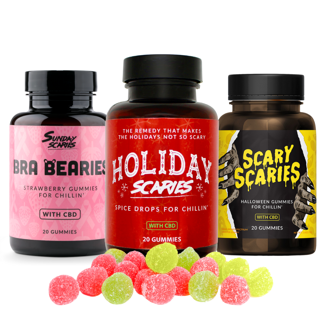 The Stocking Stuffer Bundle from Holiday Scaries, which comes with Bra Bearies, Holiday Scaries and Scary Scaries CBD gummies
